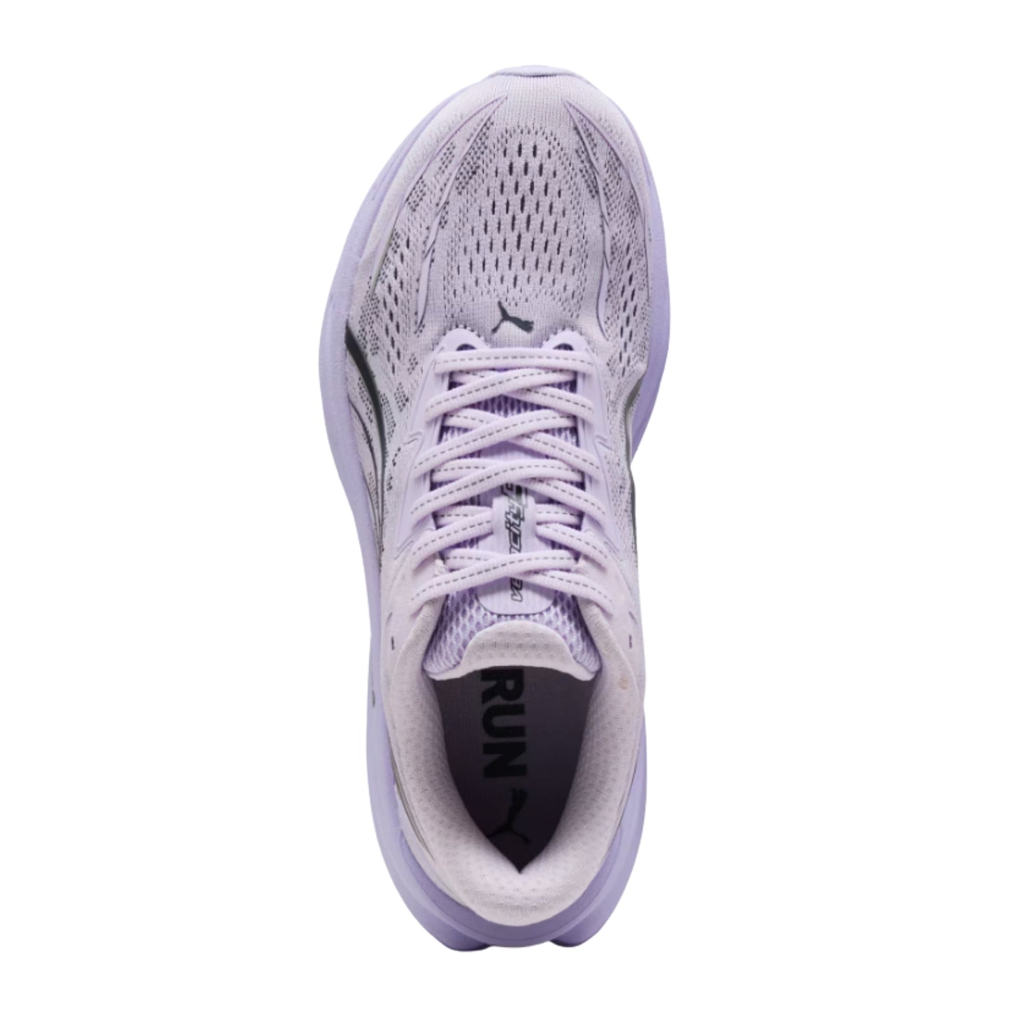 A single Puma running shoe shown from a top-down view, featuring a light lavender and white mesh upper with matching laces and a dark gray Puma cat logo on the side.