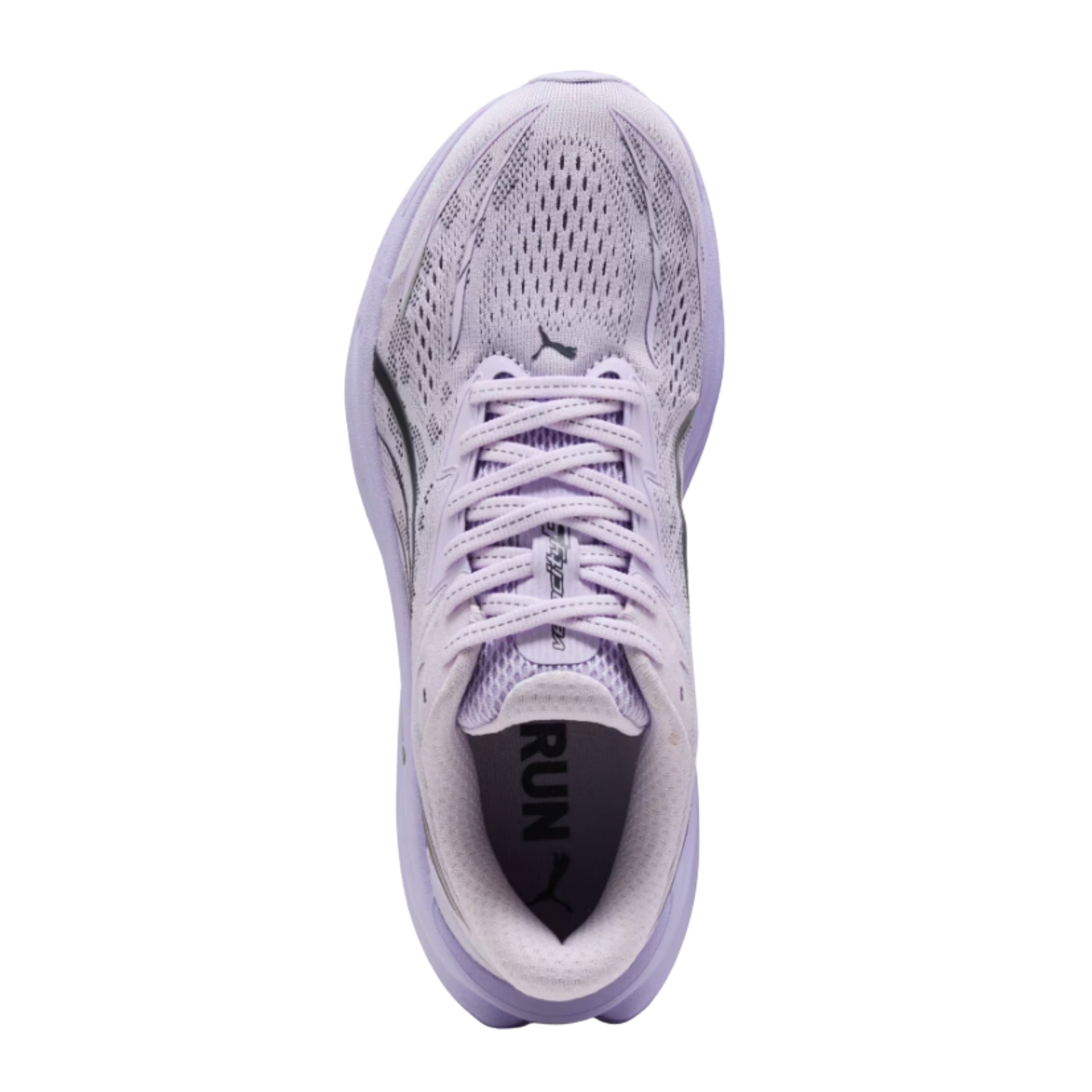 A single Puma running shoe shown from a top-down view, featuring a light lavender and white mesh upper with matching laces and a dark gray Puma cat logo on the side.