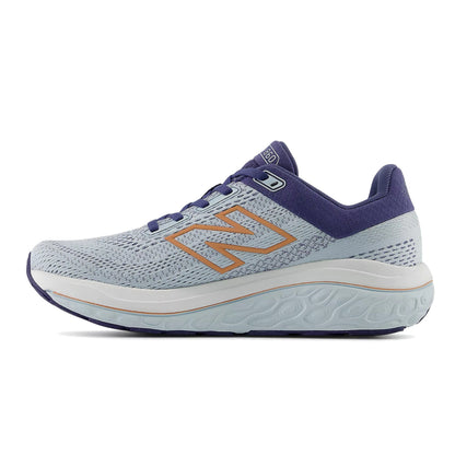 Light blue running shoe with purple accents on a white background