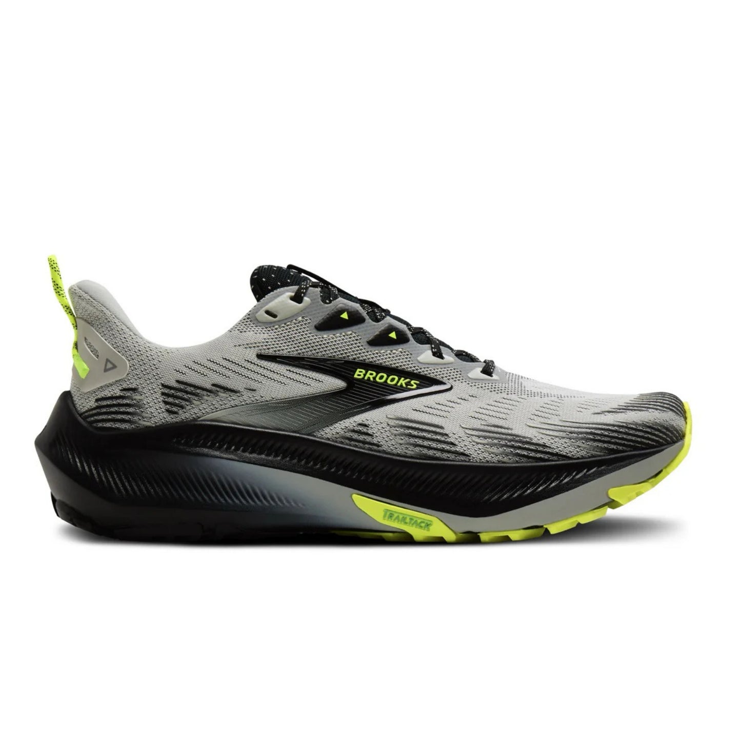 Brooks running shoe in gray and black with neon yellow accents, shown in a side profile on a white background.