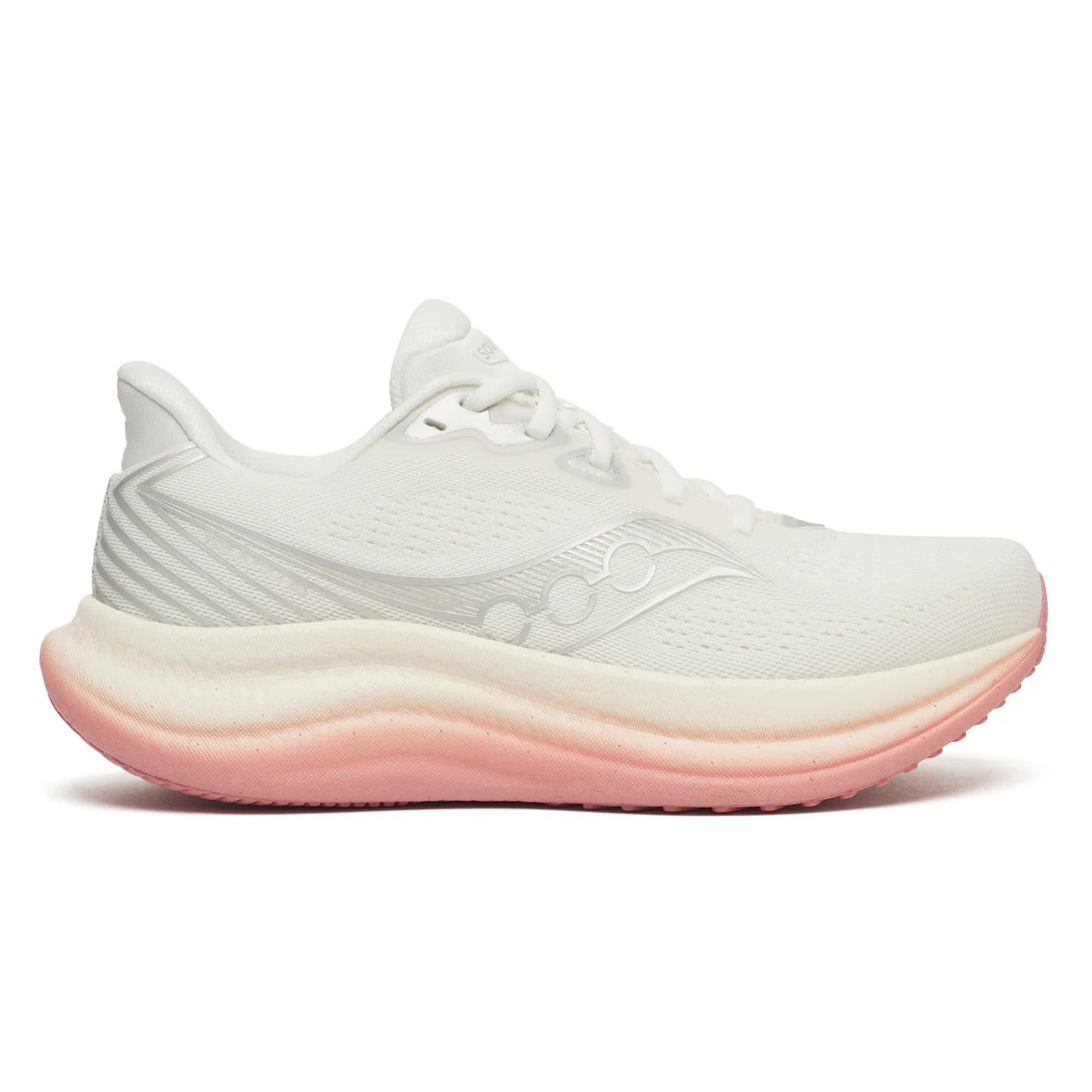 White Saucony running shoe with pink sole on a white background