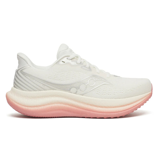 White Saucony running shoe with pink sole on a white background