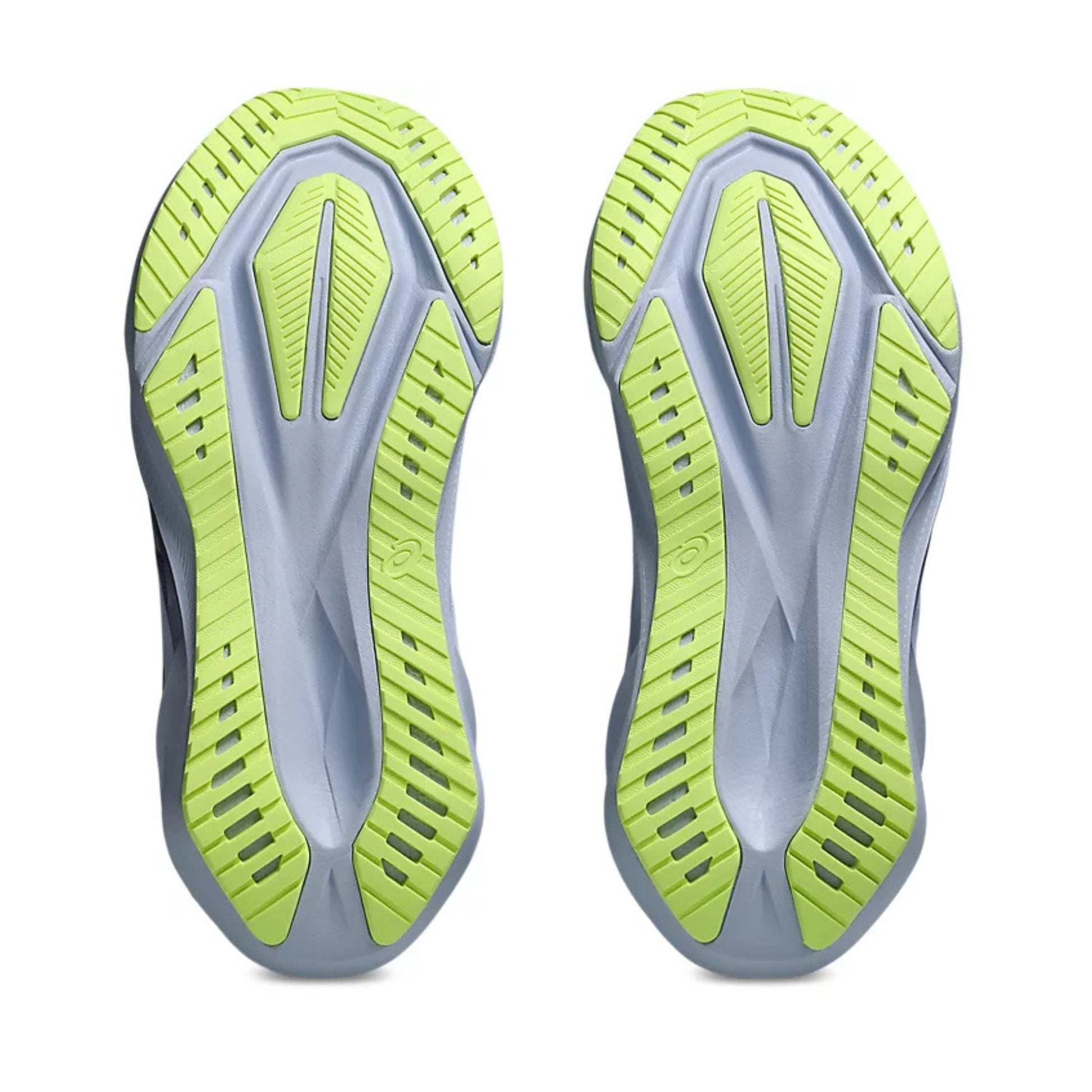 Gray and green running shoe sole on a white background