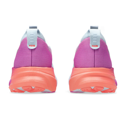 Pink and orange Asics running shoes on a white background