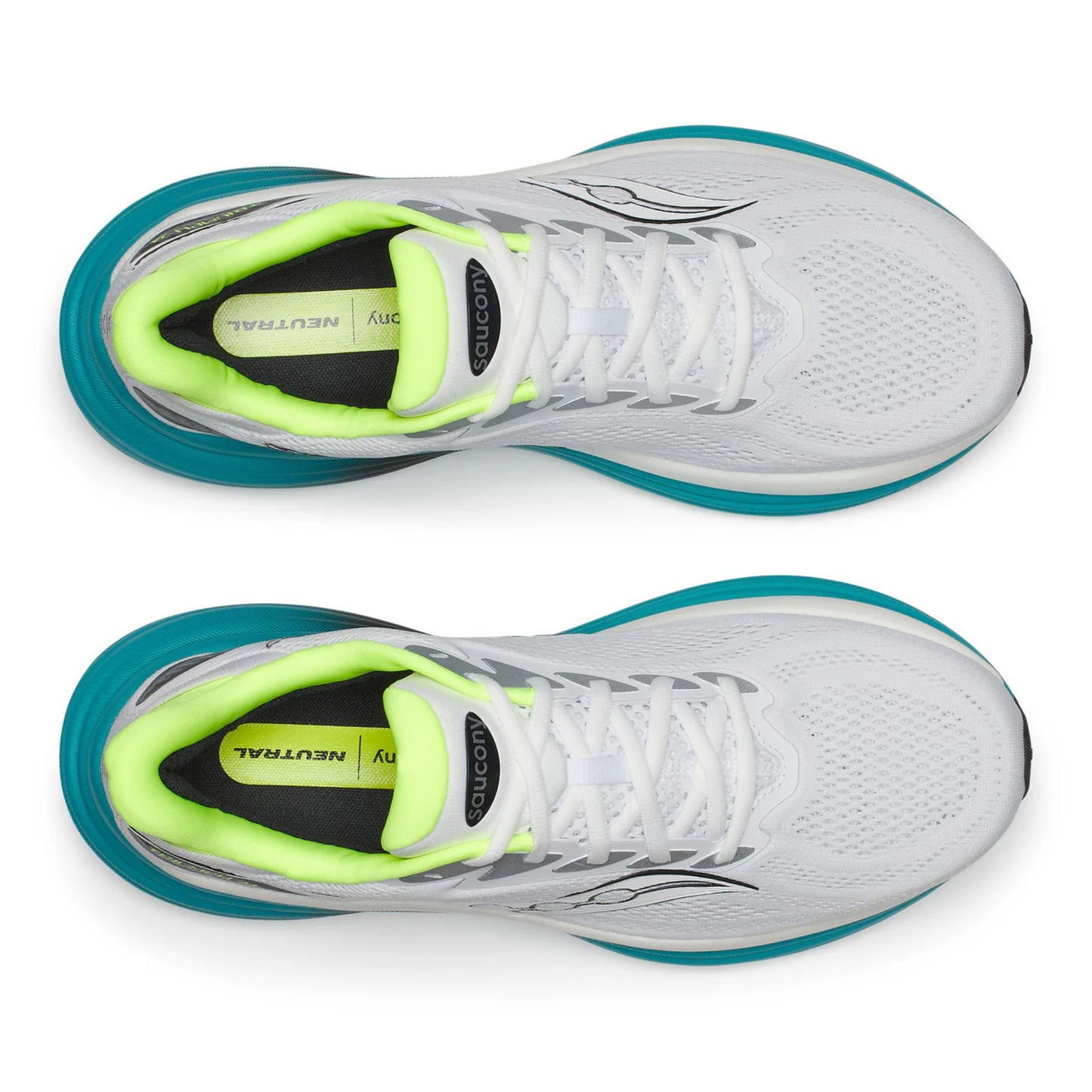 White Saucony running shoes with teal soles and green accents on a white background