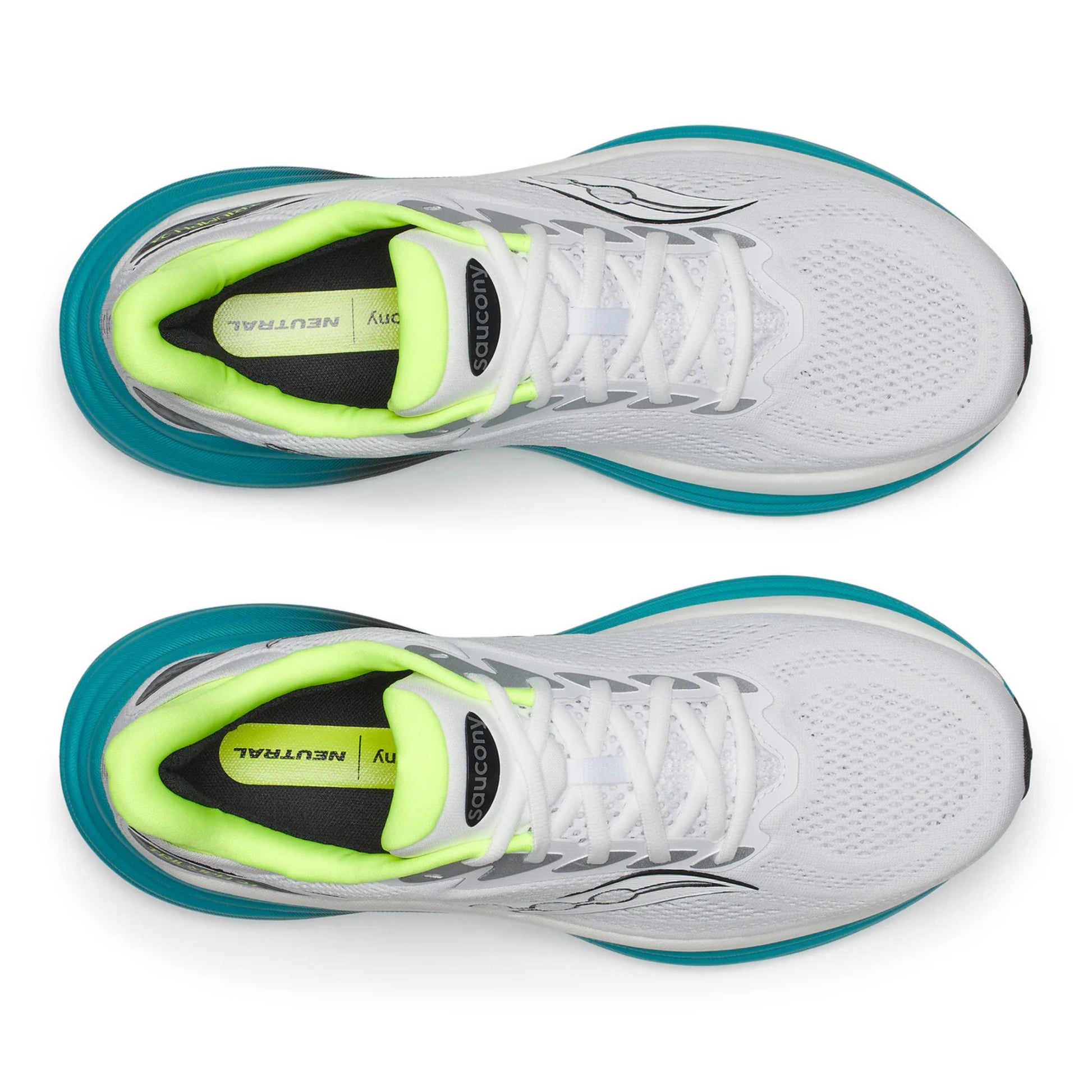 White Saucony running shoes with teal soles and green accents on a white background