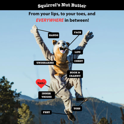 Person in a squirrel costume with labeled areas on a blue sky background, promoting Squirrel's Nut Butter.