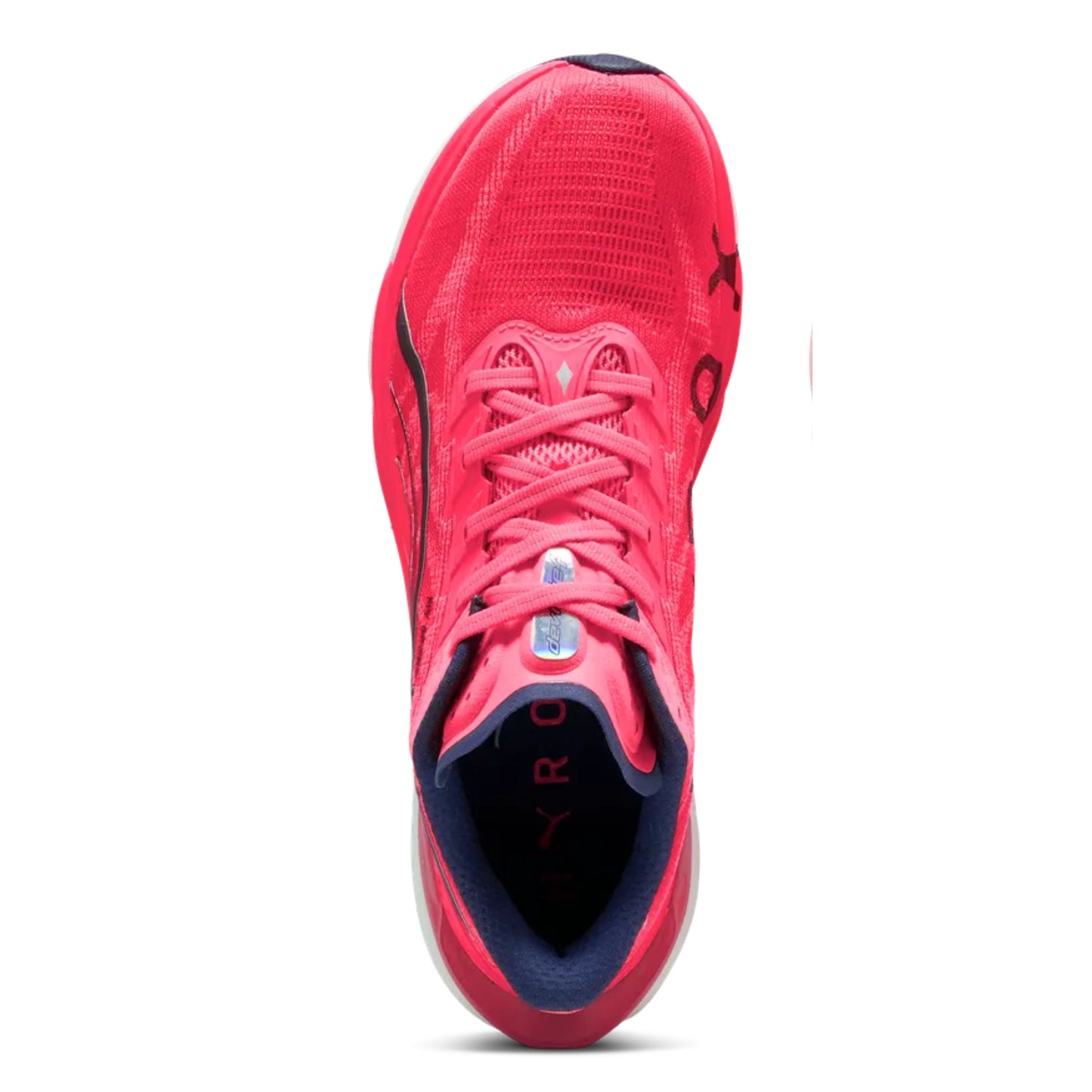 Pink Puma running shoe with black accents on a white background