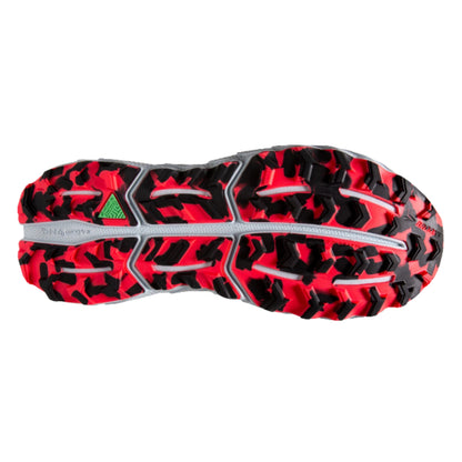 Red and black athletic shoe sole with a green triangle logo on a white background