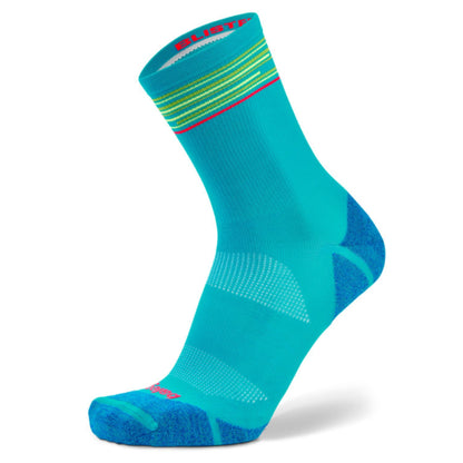 Turquoise sock with colorful stripes on a white background