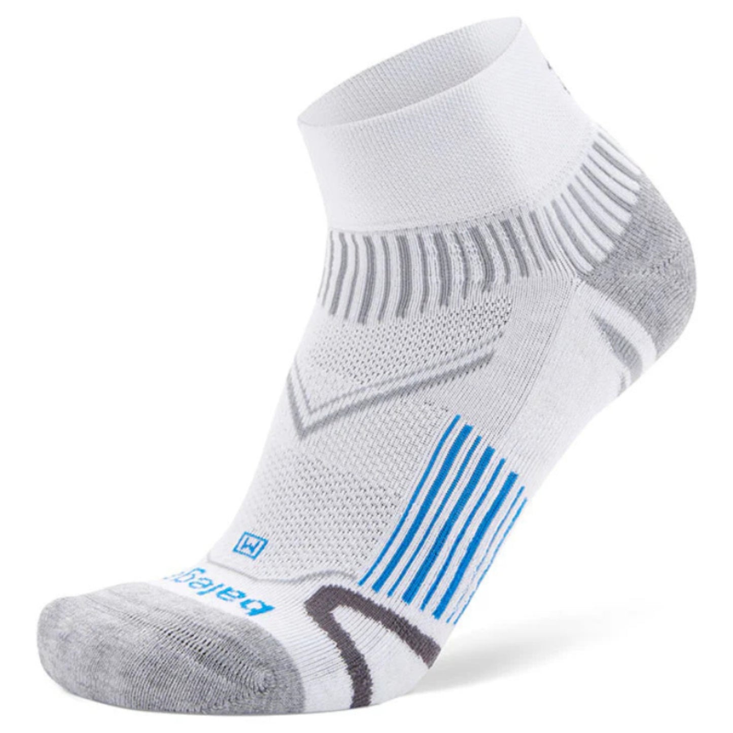 White and gray athletic sock with blue accents on a white background