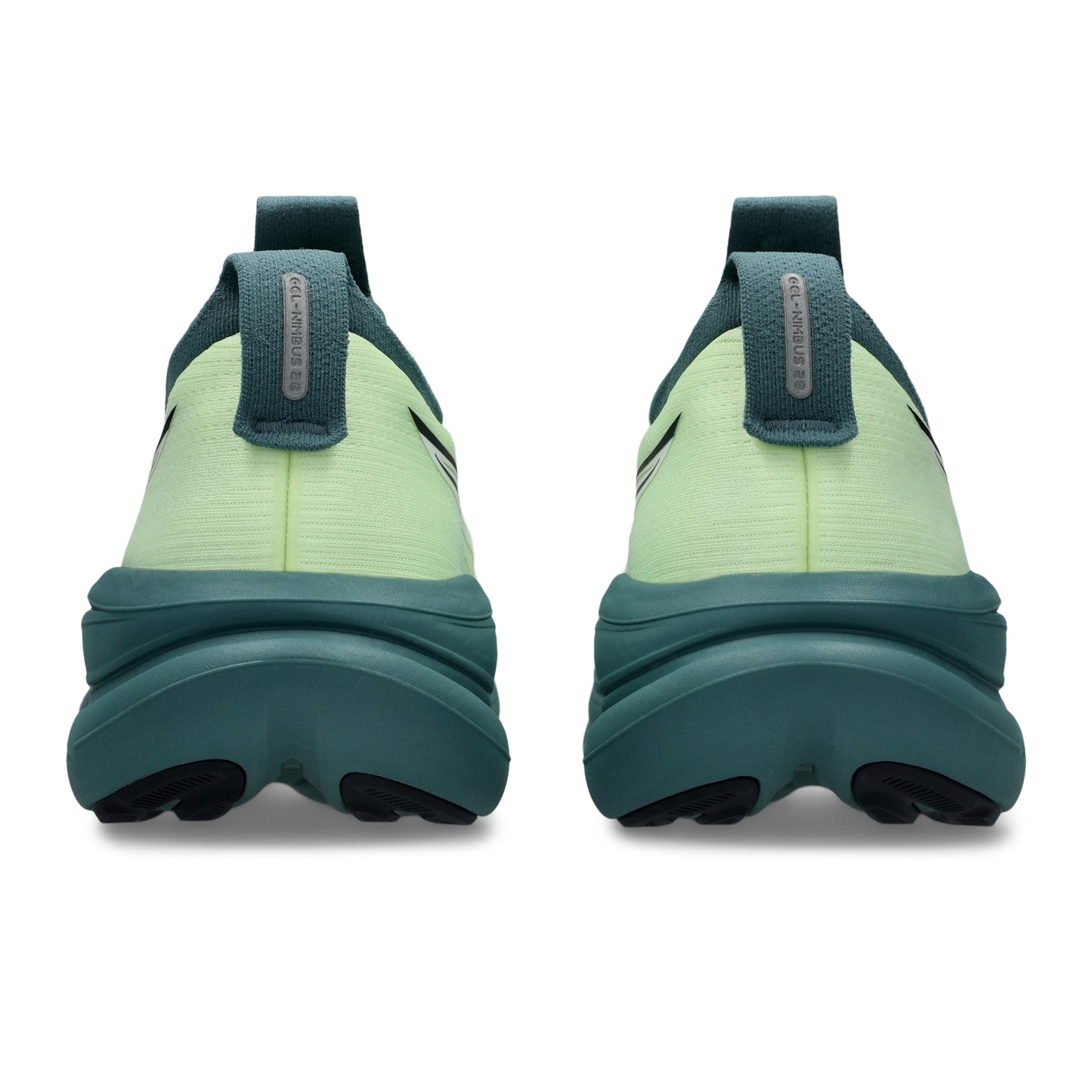 Light green Asics running shoes with a dark green sole on a white background