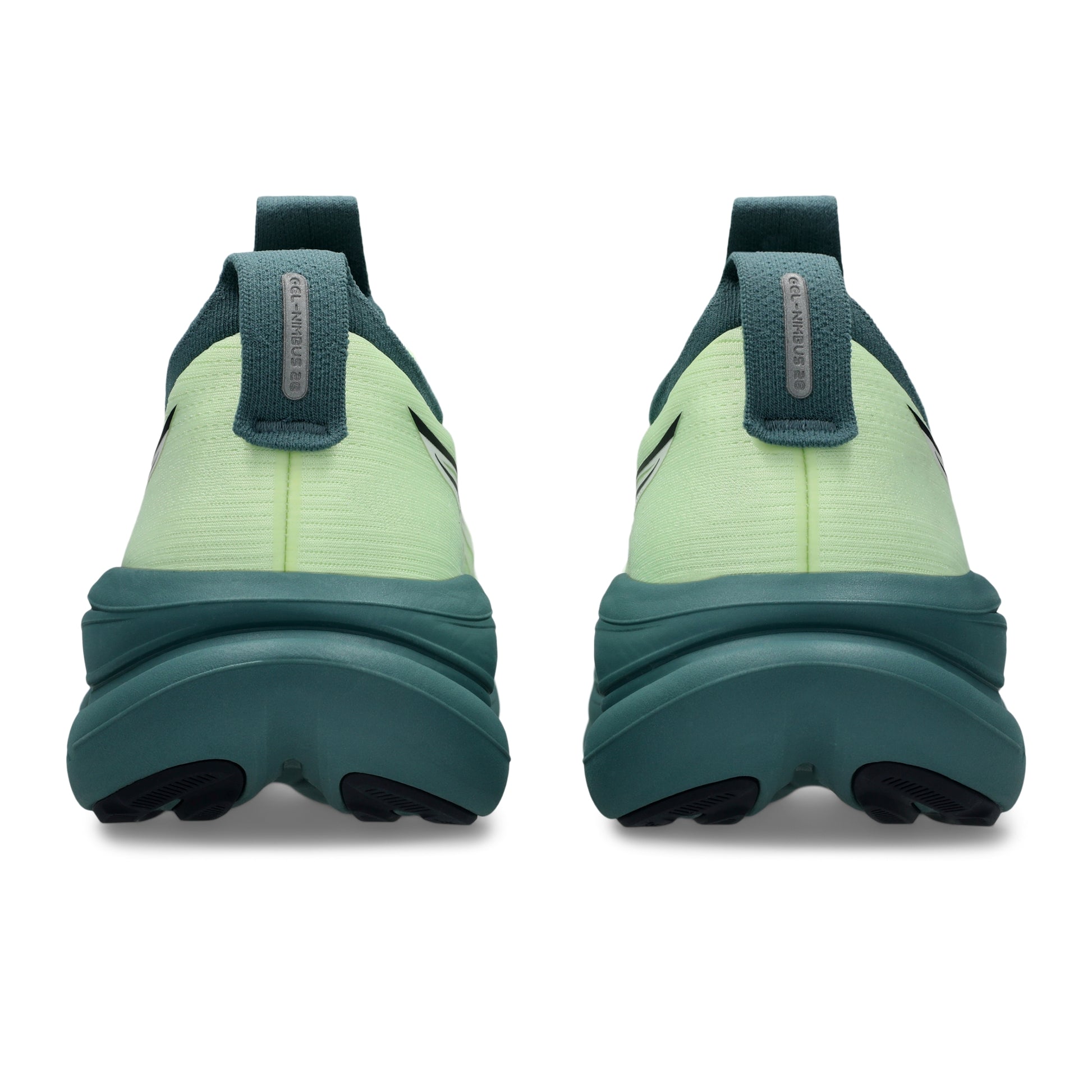 Light green Asics running shoes with a dark green sole on a white background