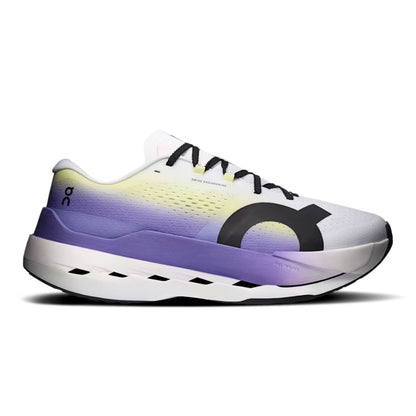 A single On running shoe shown in a side profile on a white background. The shoe features a white and purple gradient upper with a black logo, black laces, and a white and black sole.