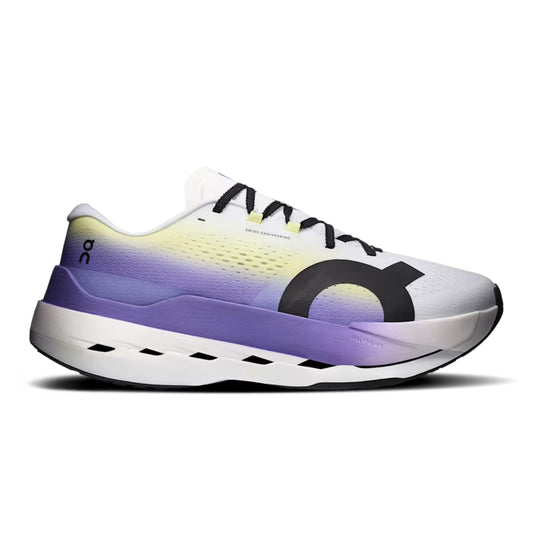 A single On running shoe shown in a side profile on a white background. The shoe features a white and purple gradient upper with a black logo, black laces, and a white and black sole.