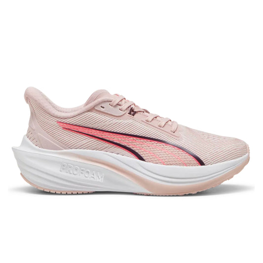 Pink Puma running shoe with white sole on a white background