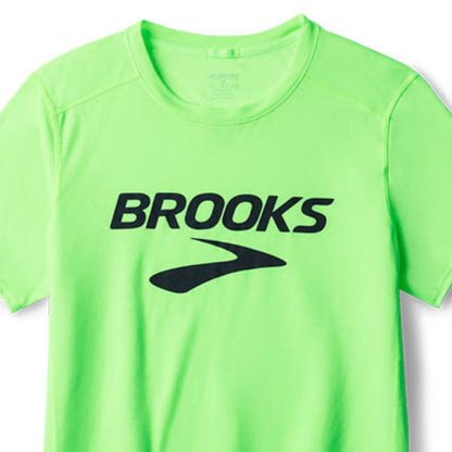 Neon green t-shirt with 'Brooks' logo on a white background