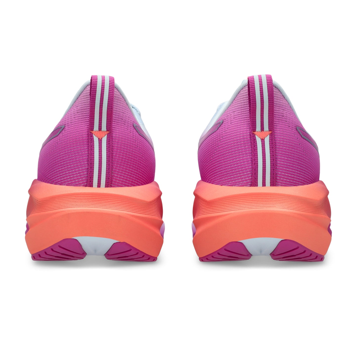 Back view of pink shoe with a coral sole on a white background