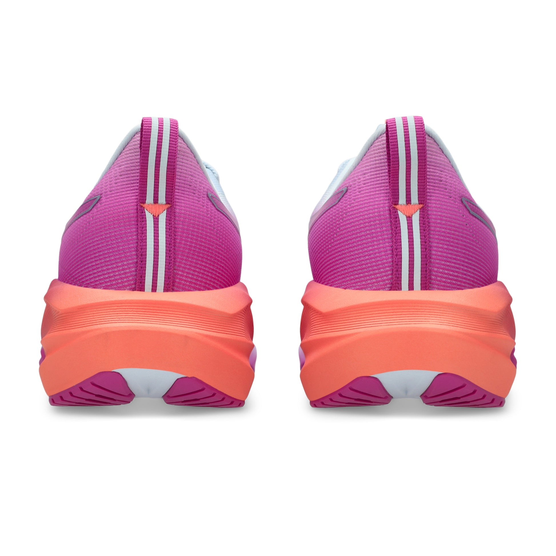 Back view of pink shoe with a coral sole on a white background