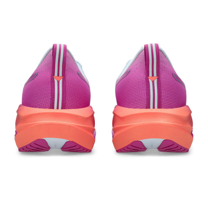 Back view of pink shoe with a coral sole on a white background
