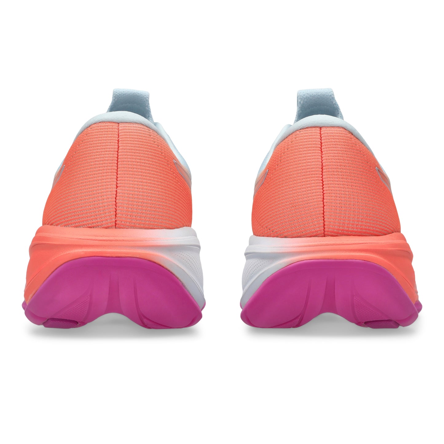 Back view of a pair of light blue with a orange back and pink soles on a white background