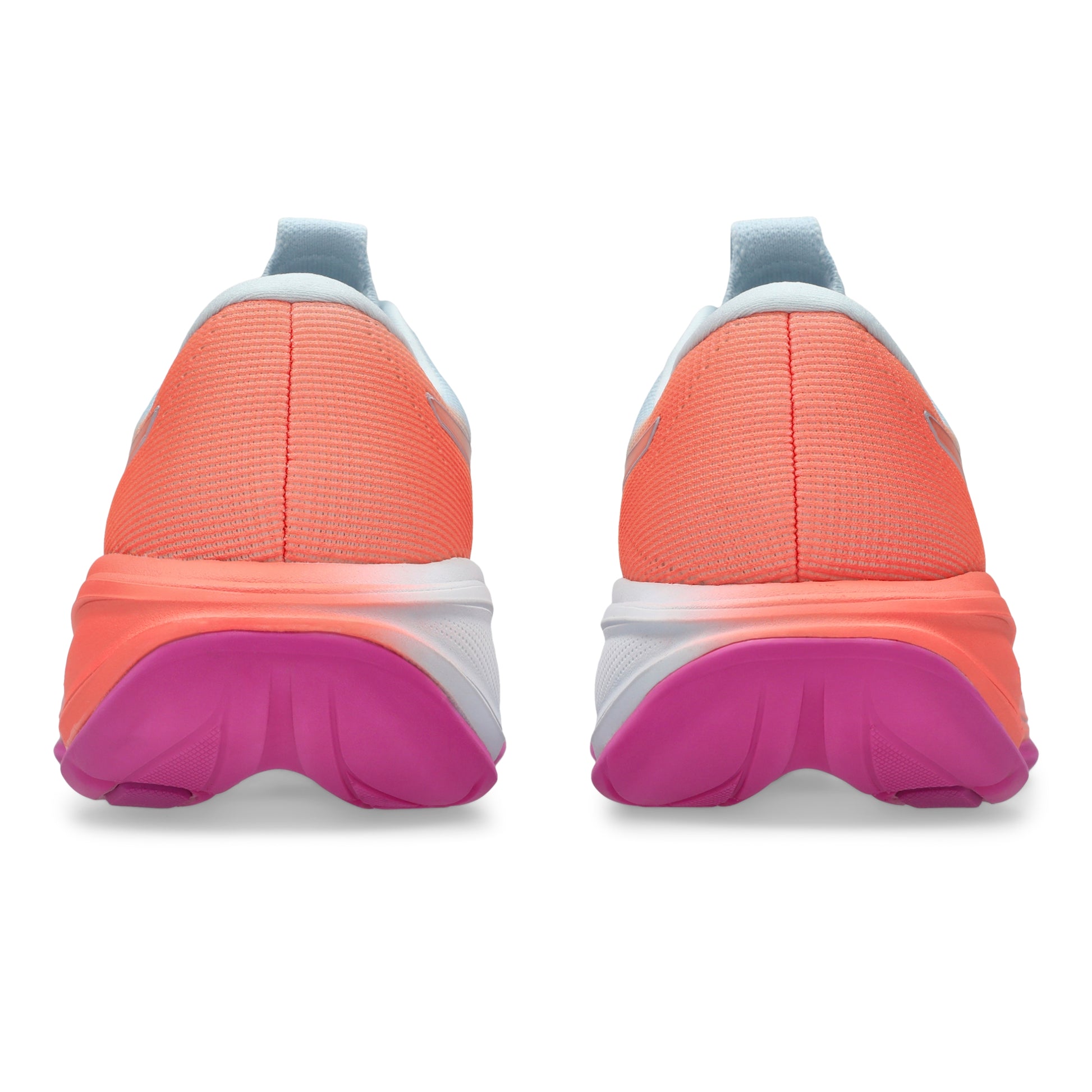 Back view of a pair of light blue with a orange back and pink soles on a white background