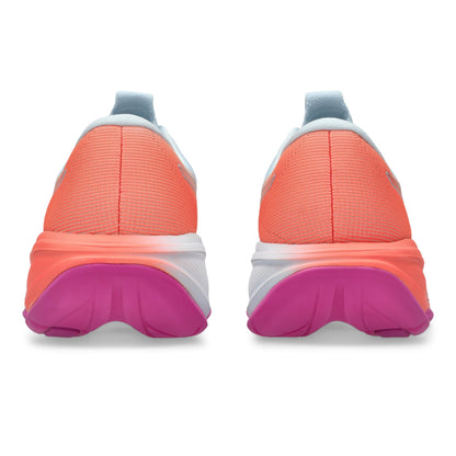 Back view of a pair of light blue with a orange back and pink soles on a white background