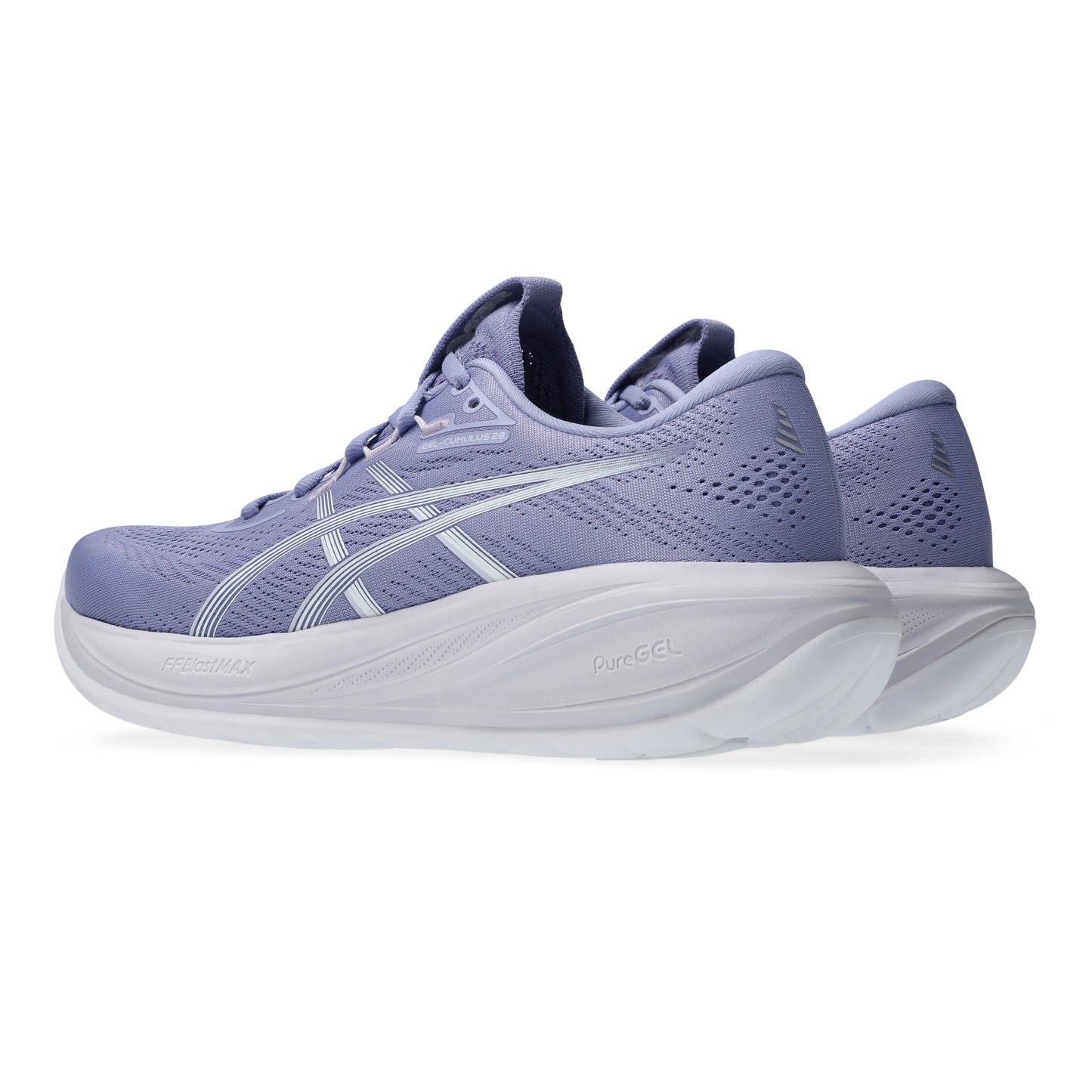 Purple Asics running shoe with white sole on a white background