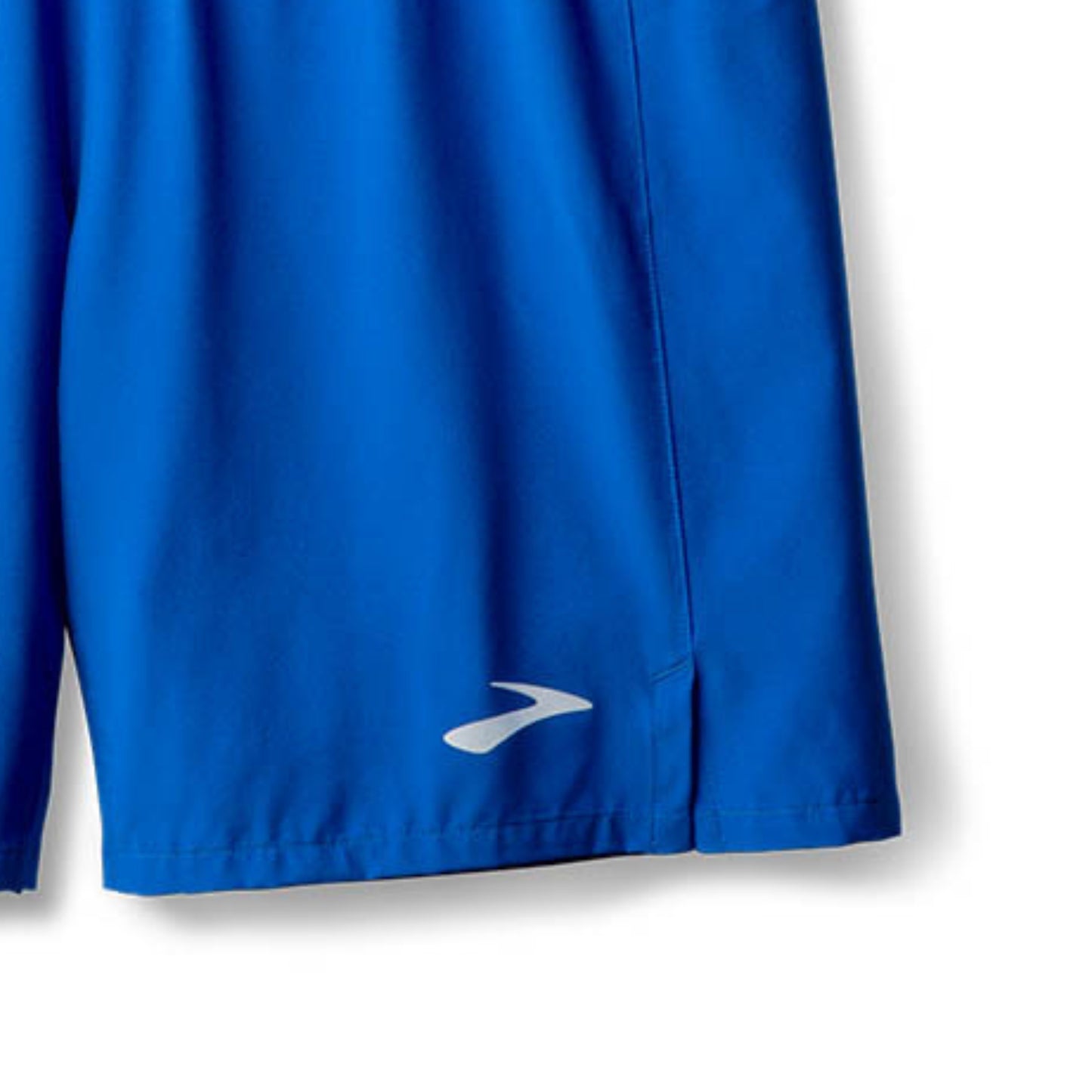 Blue running shorts with a brand logo on a white background