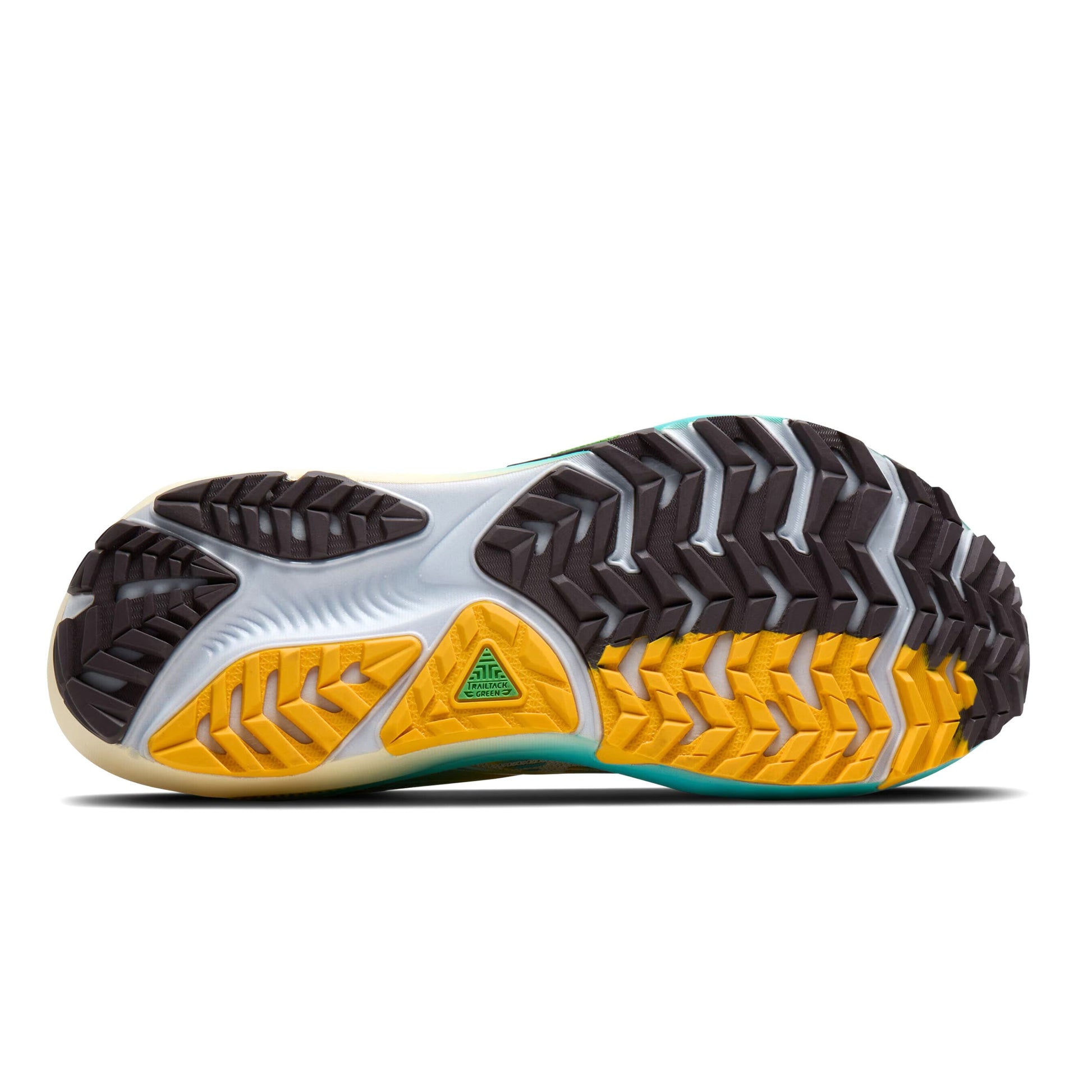 Close-up of a Brooks running shoe sole with yellow and black tread pattern on a white background