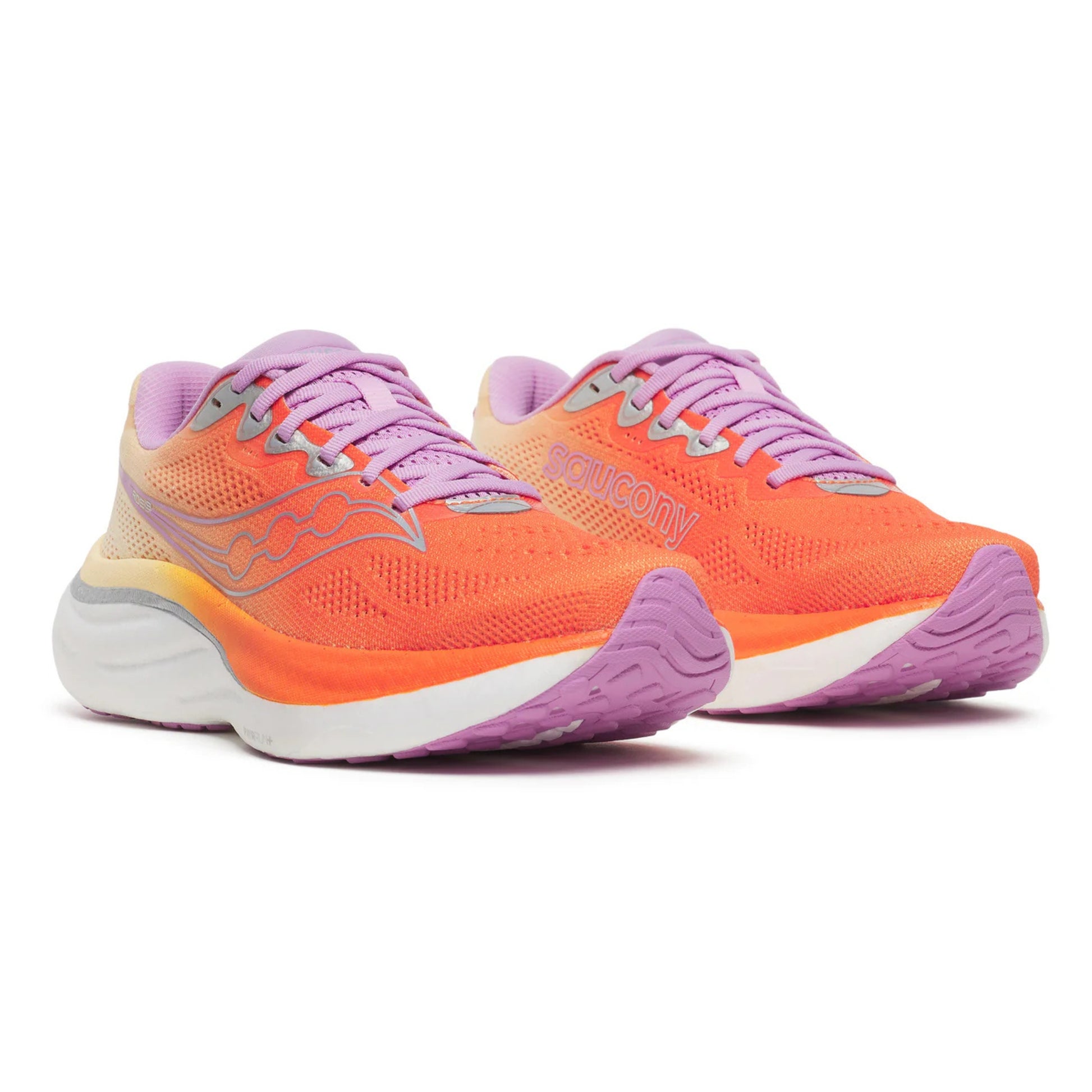 Orange and purple running shoes with 'Saucony' branding on a white background