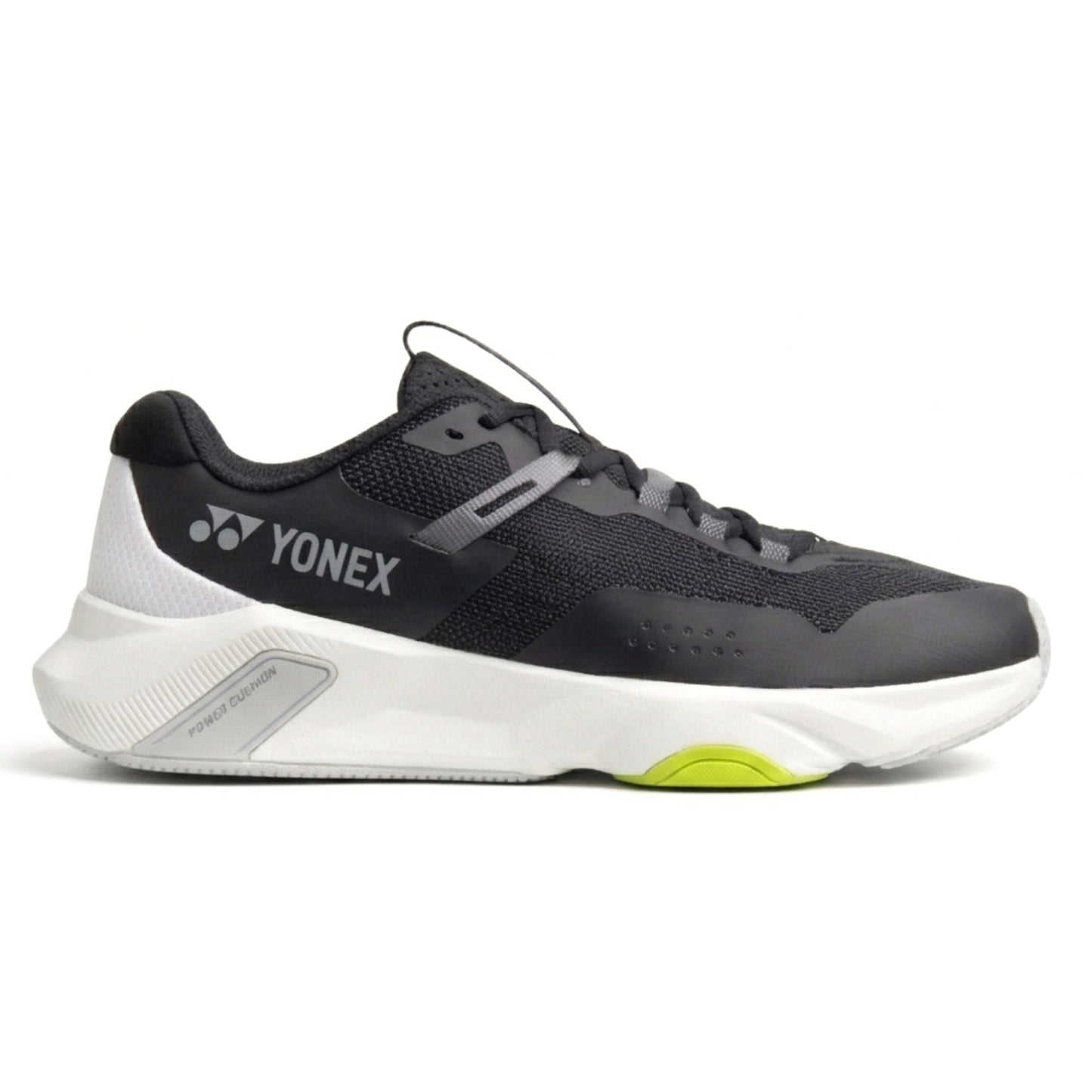 Black and gray Yonex running shoe on a white background