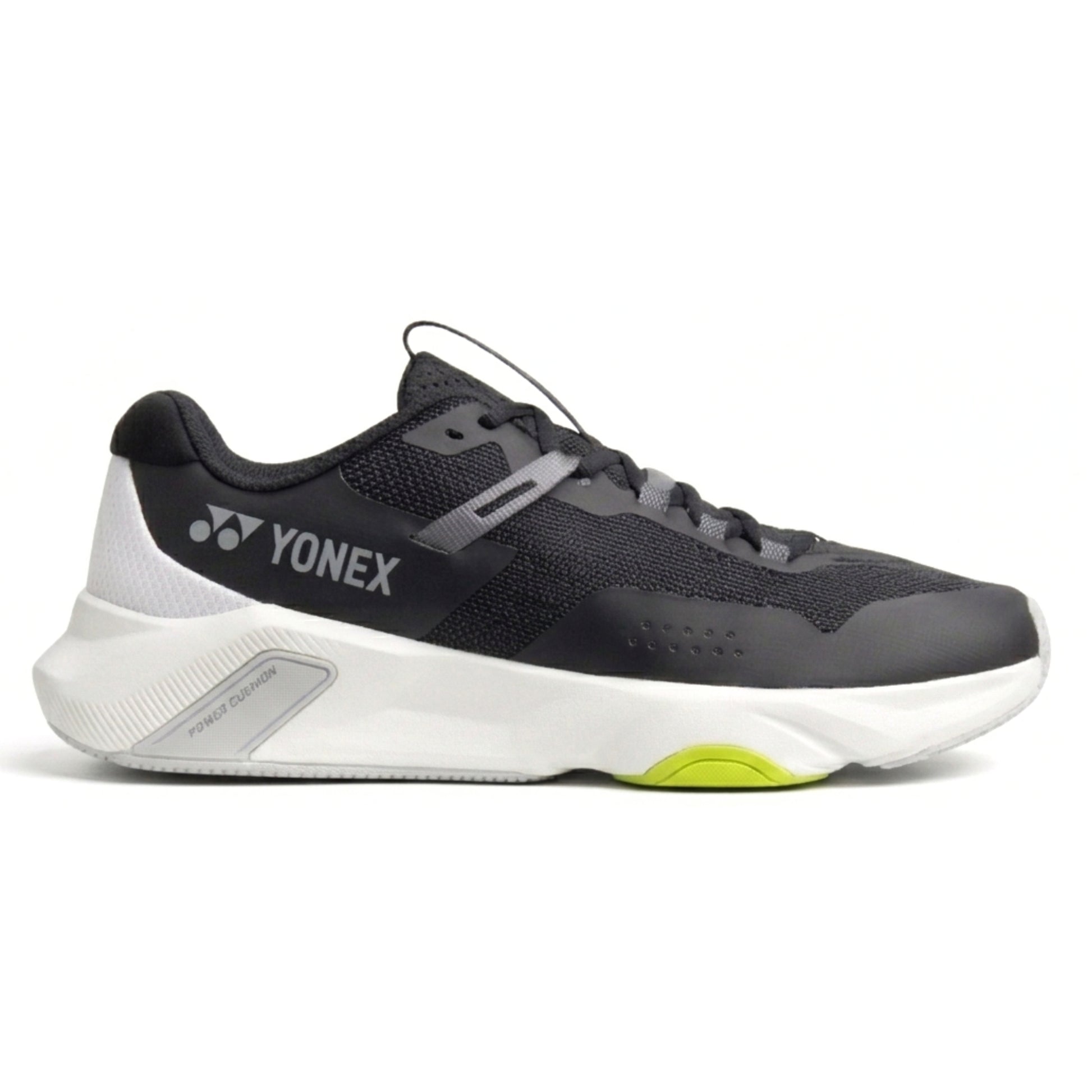 Black and gray Yonex running shoe on a white background