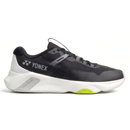 Black and gray Yonex running shoe on a white background