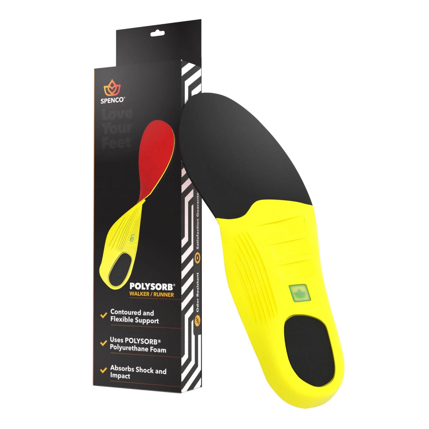Yellow and black shoe insert with Spenco packaging on a white background