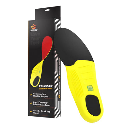 Yellow and black shoe insert with Spenco packaging on a white background