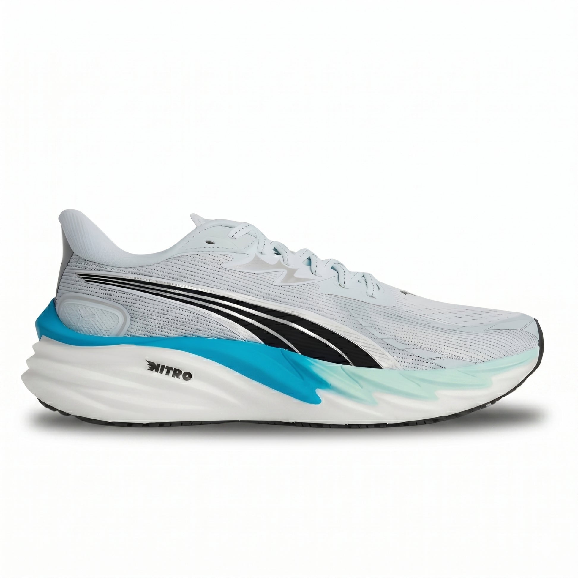 White Puma running shoe with blue sole on a white background