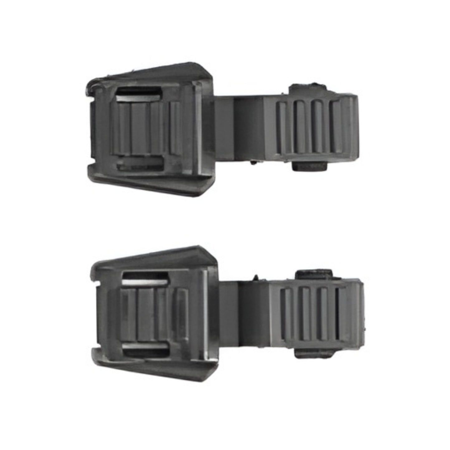Two black plastic clips on a white background