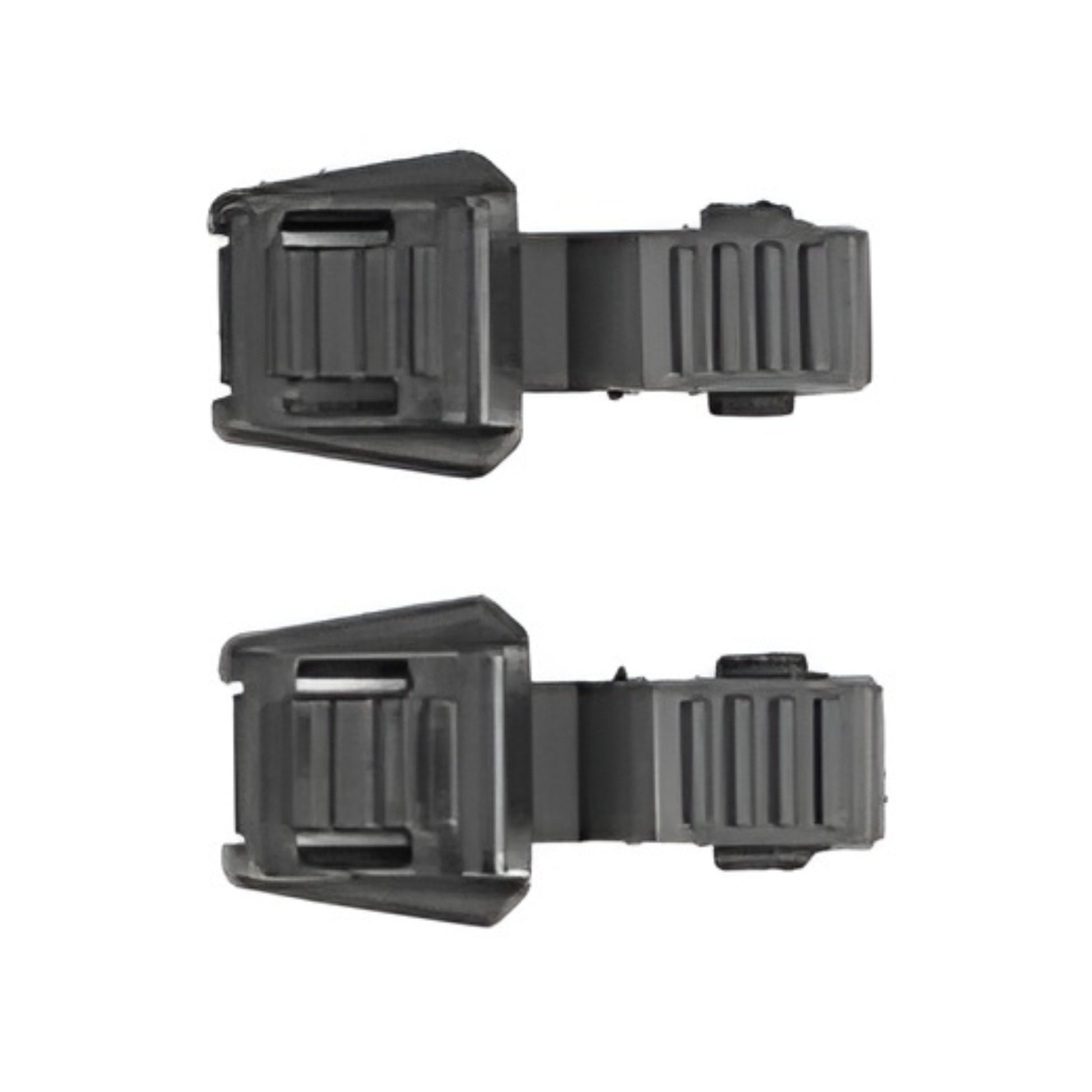 Two black plastic clips on a white background