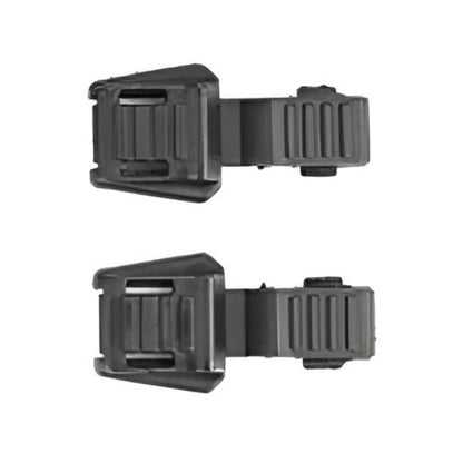 Two black plastic clips on a white background