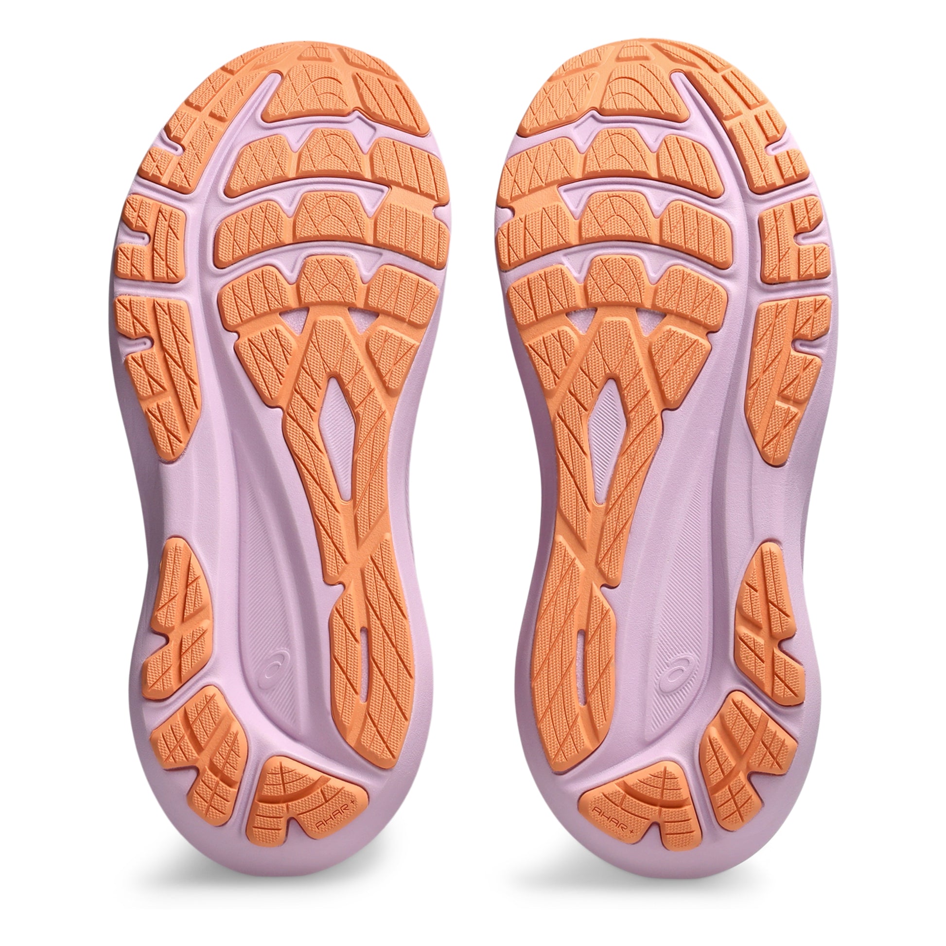Close-up of a pair of shoes with orange sole pattern on a white background