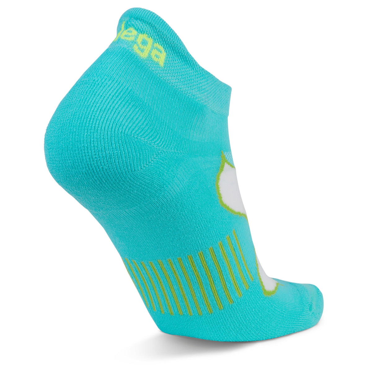 Turquoise Balega ankle sock with white and green design on a white background