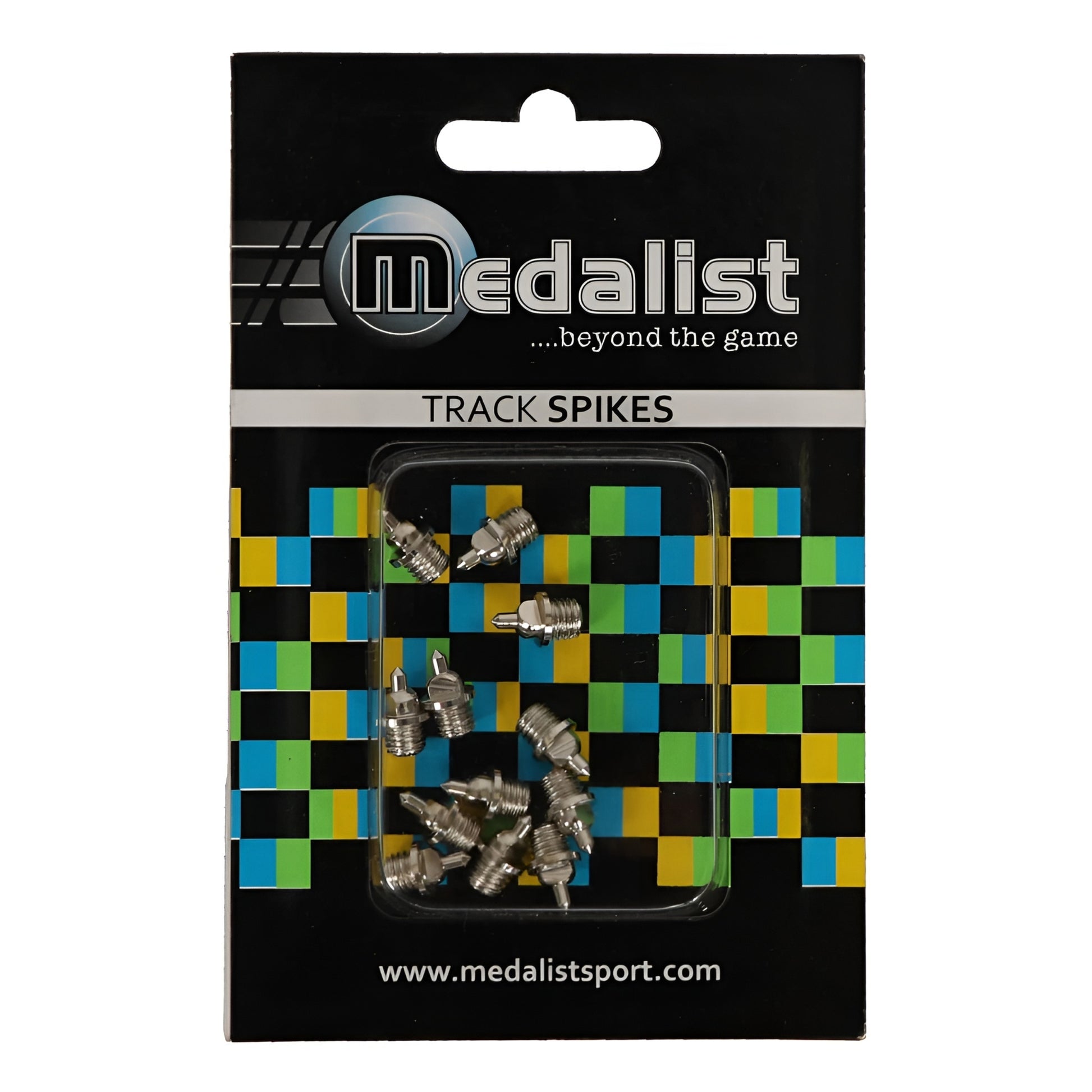 Pack of track spikes with 'Medalist' branding on a checkered background