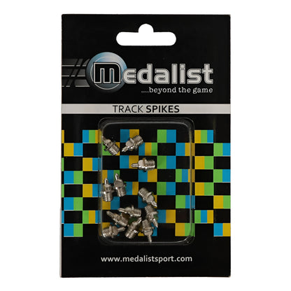 Pack of track spikes with 'Medalist' branding on a checkered background