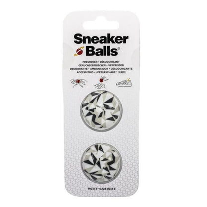 Packaging of Sneaker Balls with geometric design on a white background