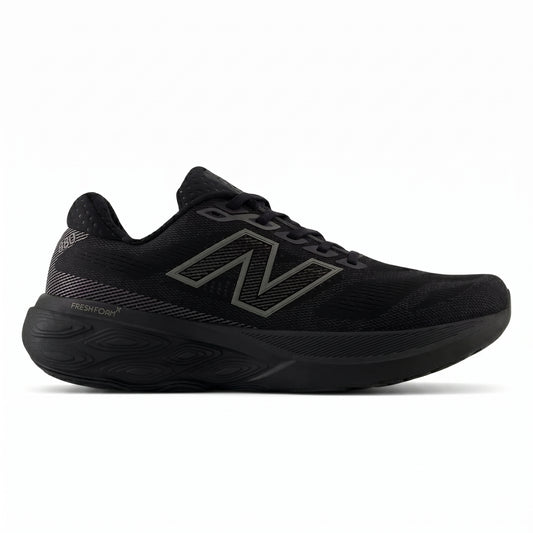 Black New Balance running with unique sole design on a white background
