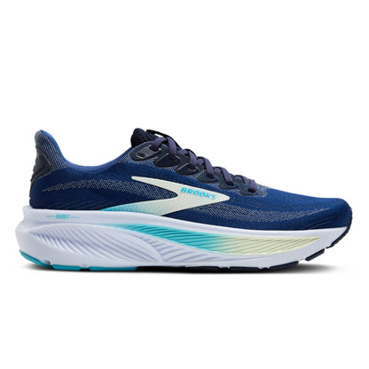 Blue Brooks running shoe with white sole on a white background