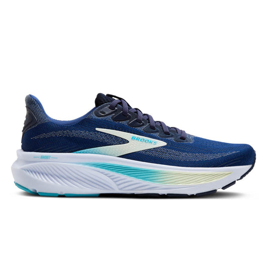 Blue Brooks running shoe with white sole on a white background
