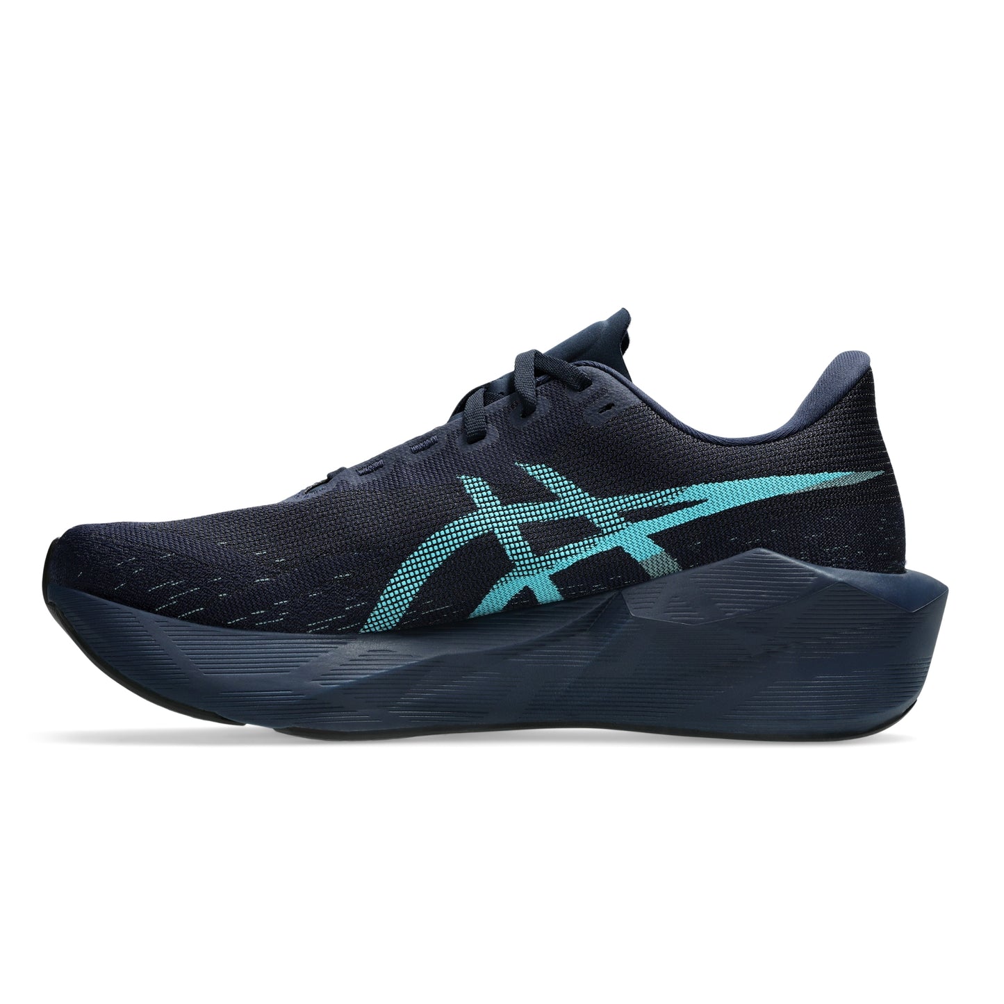 A single ASICS running shoe in dark navy blue with a prominent turquoise stripe logo on the side, shown in a side profile against a white background.