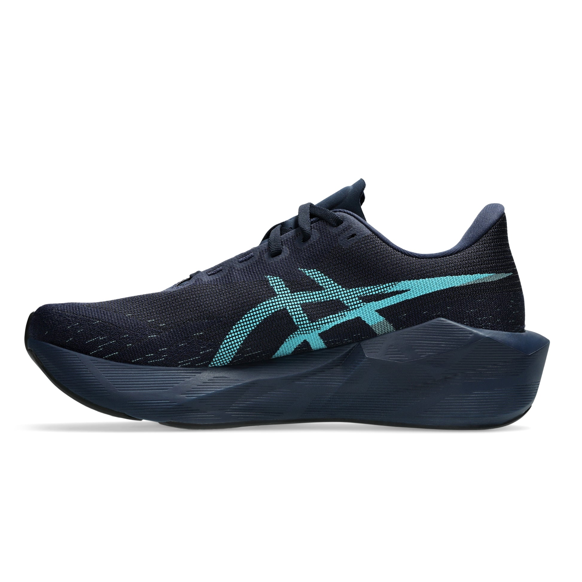 A single ASICS running shoe in dark navy blue with a prominent turquoise stripe logo on the side, shown in a side profile against a white background.